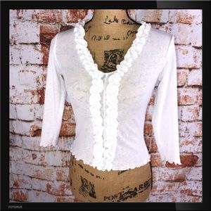 White V neck sheer 3/4 sleeve ruffle top